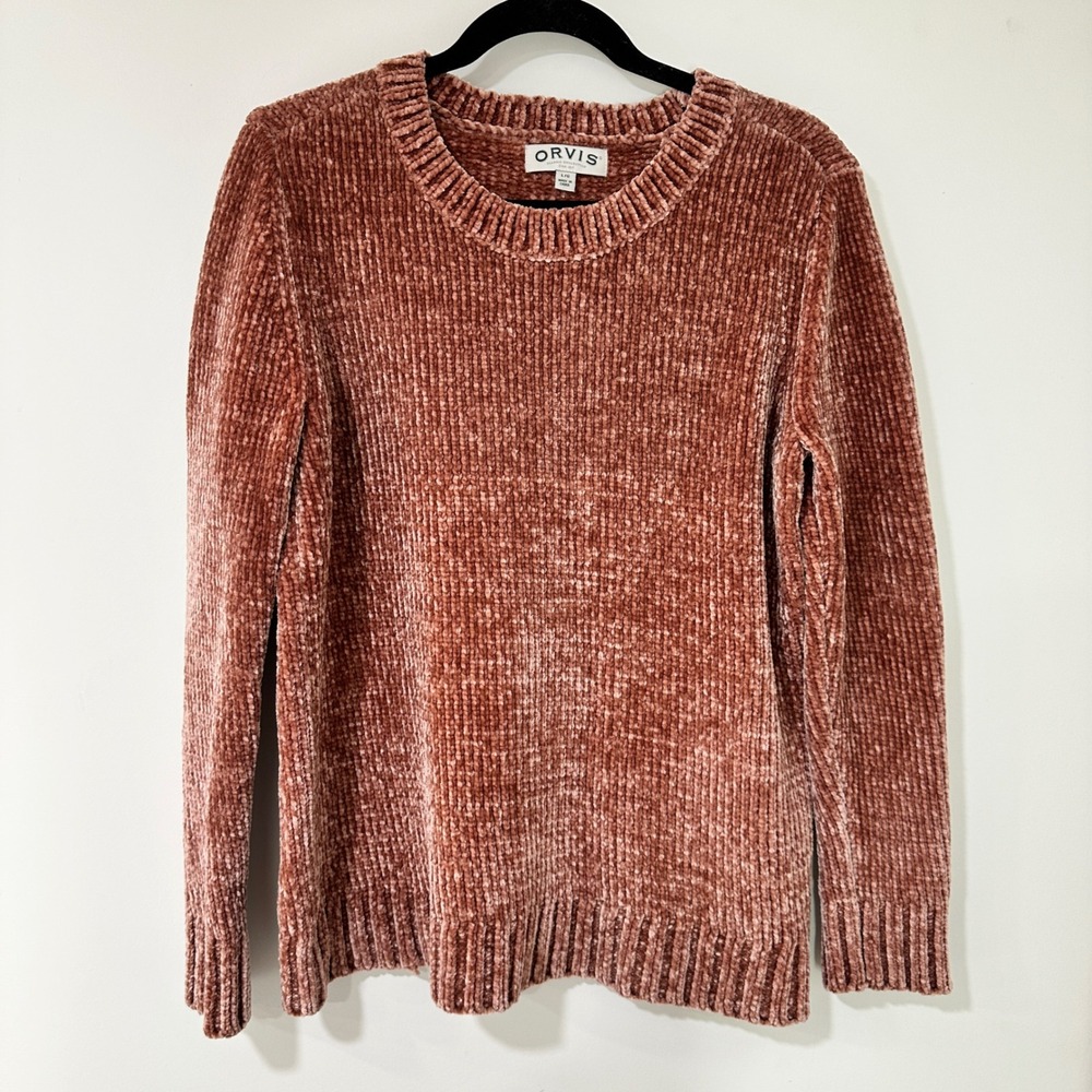 Orvis Chenille Knit Sweater Women Large Pink Crew Neck Long Sleeve | Cozy Core